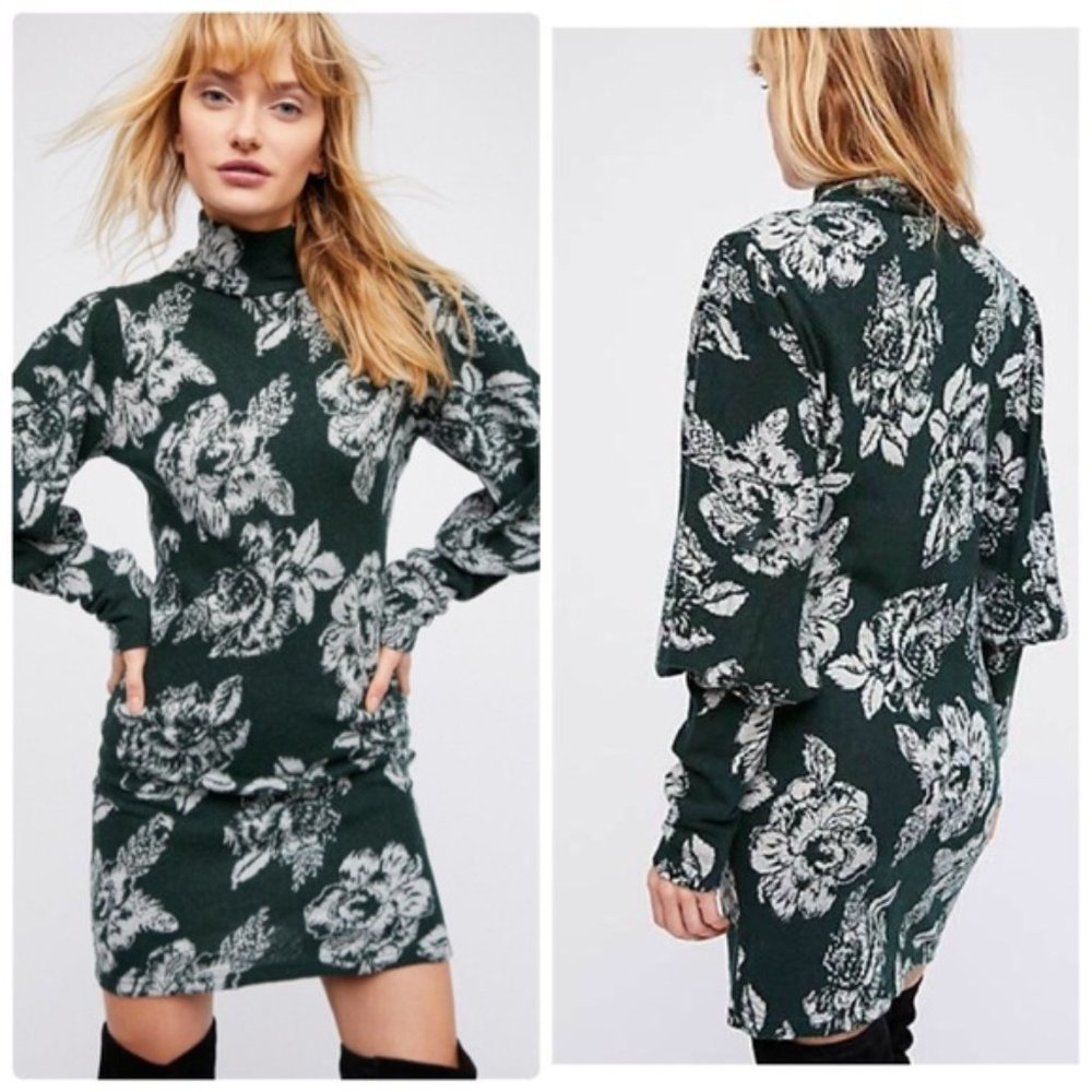 FREE PEOPLE Dress Long Sleeve Mini Sweater Wool Mock Neck Floral Boho Green XS - Picture 2 of 10